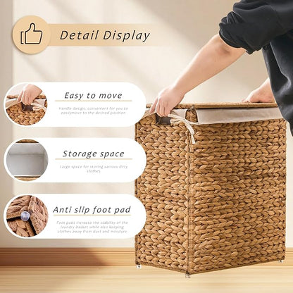 Handwoven Laundry Basket with Lid, Natural Water Hyacinth Storage Basket with - Image 5
