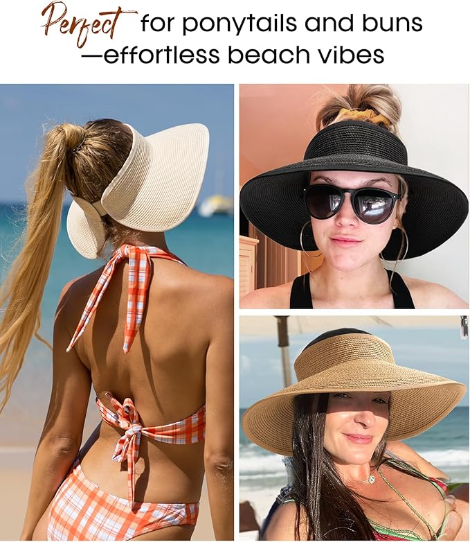 Womens Sun Visor Hats Wide Brim Straw Beach Hat UV Protection Ponytail Packable Beach Vacation Essentials