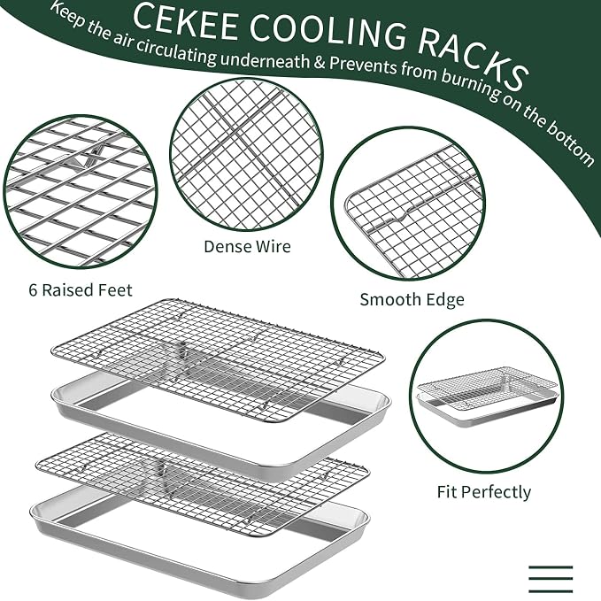 Jelly Roll Pan with Cooling Rack Set, CEKEE Stainless Steel Baking Sheet Tray - Image 4