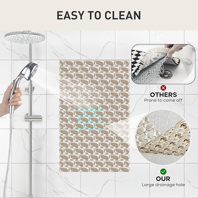 Shower Mat Non Slip Bathtub Mat, 27 x 16 Inch Eco-Friendly Soft Bath Mat for Tub Non Slip Shower Mats for Inside Shower with Suction Cups and Drain Holes, Easy to Clean Quick-Drying, Brown
