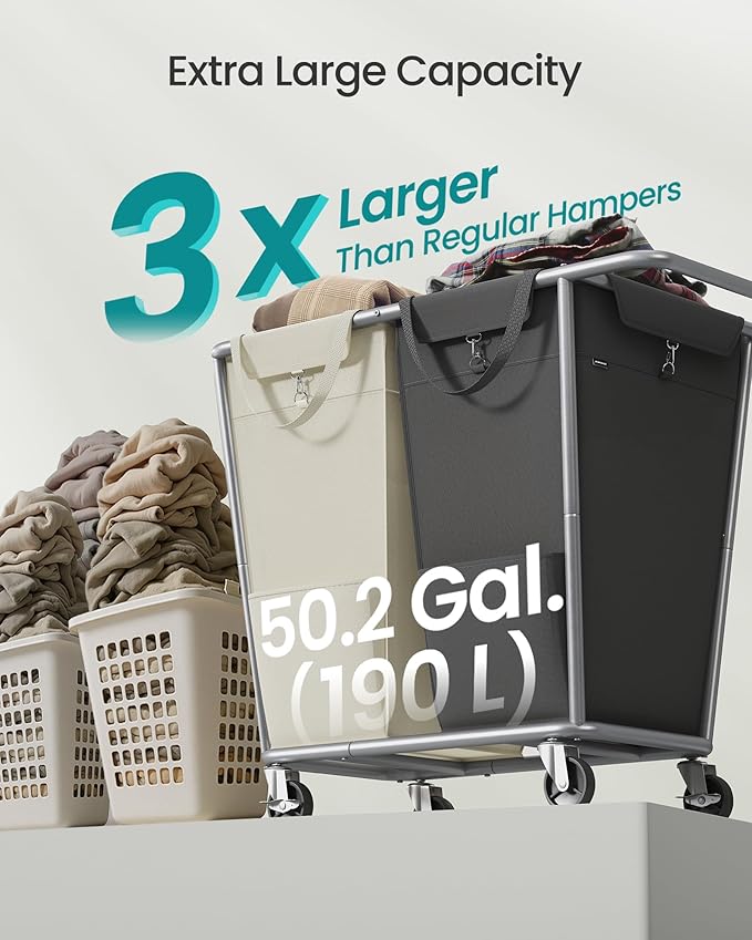SONGMICS Laundry Basket with Wheels, 2-Section Laundry Sorter, 50.2 Gallons (190 L) Rolling Hamper with Removable Bags, Heavy-Duty Steel Frame, Cream White and Dark Gray URLS009X01