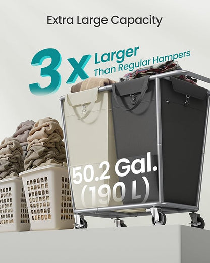 SONGMICS Laundry Basket with Wheels, 2-Section Laundry Sorter, 50.2 Gallons (190 L) Rolling Hamper with Removable Bags, Heavy-Duty Steel Frame, Cream White and Dark Gray URLS009X01
