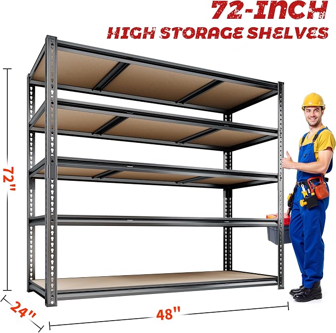 48"W Garage Shelving, 3050LBS Storage Shelves heavy duty, 5 Tier Metal Shelving - Image 3