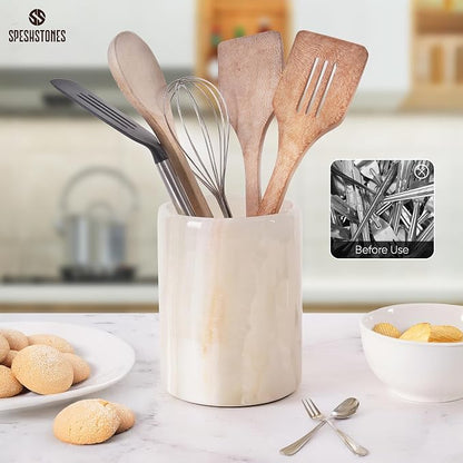 Marble Utensil Holder 6.5 Inch Cream Onyx Wooden Cooking Utensils Set & Spatula - Image 4