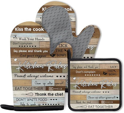 Kitchen Rules Oven Mitts and Pot Holders 3PCS, Funny Kitchen Rules Oven Mitts by Unknown