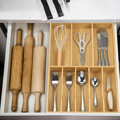 Fabsome Silverware Organizer for Kitchen Drawers, 2.5'' Deep 12.8'' Wide Bamboo - Image 5