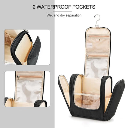 Hanging Travel Toiletry Bag for Women and Men, 6 Organizer Compartments, Large Toiletries essentials, Bathroom Cosmetic Accessories, Water-resistant Makeup Bag, Holds Full-Size Shampoo, Black