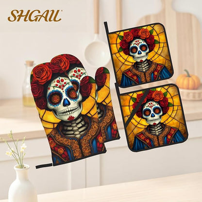 Flower Skull Oven Mitts with Matching Potholders - Image 2