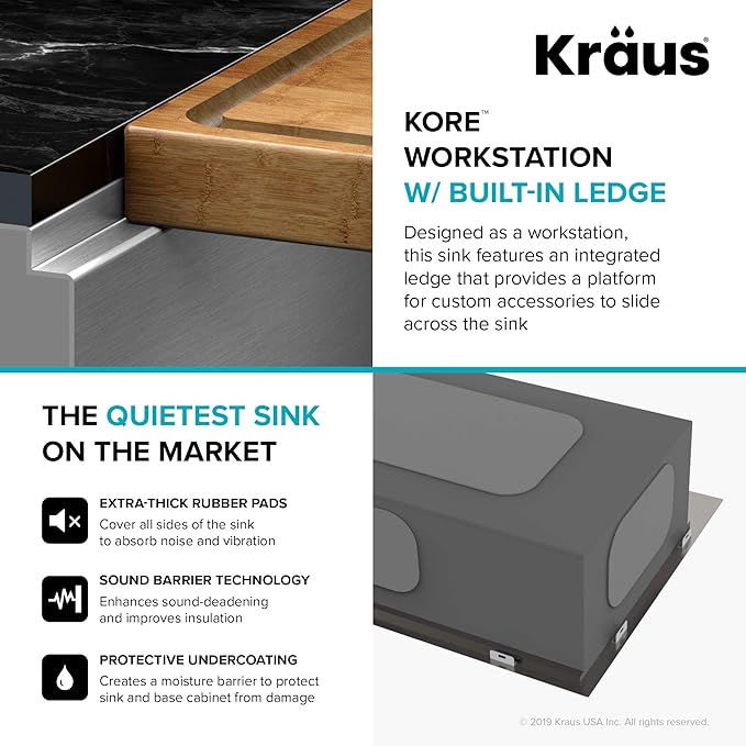 KRAUS Kore Workstation 27-inch Undermount 16 Gauge Stainless Kitchen Sink, Single Bowl Kitchen Sink with 3/4 HP Garbage Disposal, KWU110-27-100-75MB