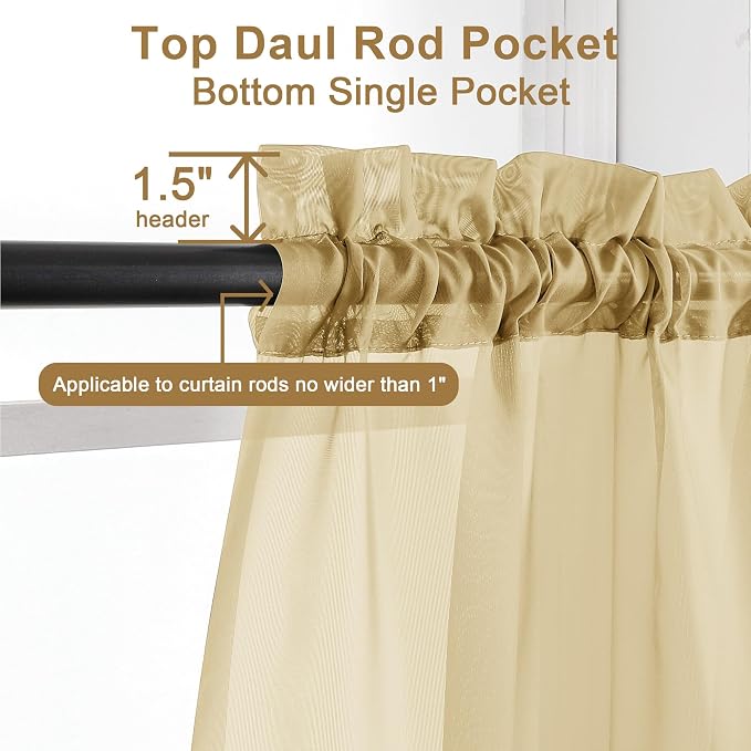 Chyhomenyc Gold Sheer Curtains 96 inches Long 2 Panels, Light Filtering Soft - Image 2