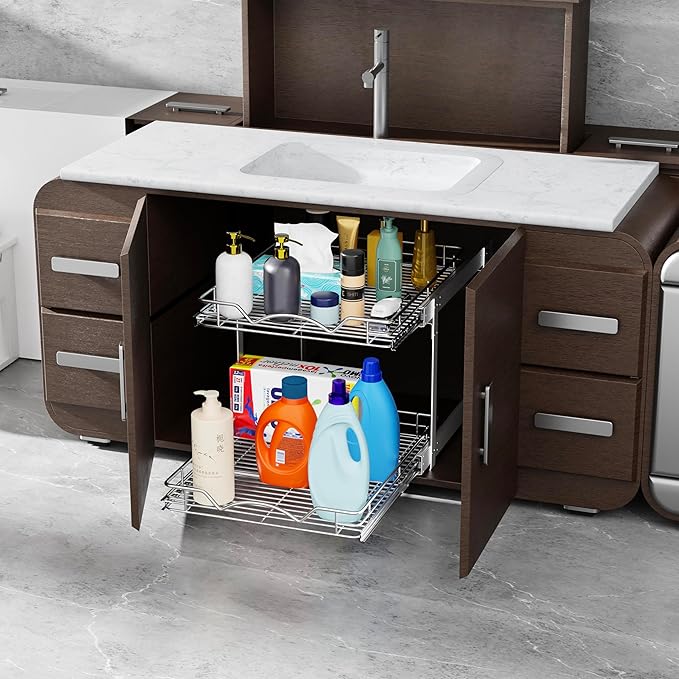 HOLDN’ STORAGE Two Tier Pull Out Cabinet Organizer, Individual Sliding Drawers - Heavy Duty Metal with Lifetime Limited Warranty - Anti Rust Chrome Finish - 17" W x 21”D x 16.5" H