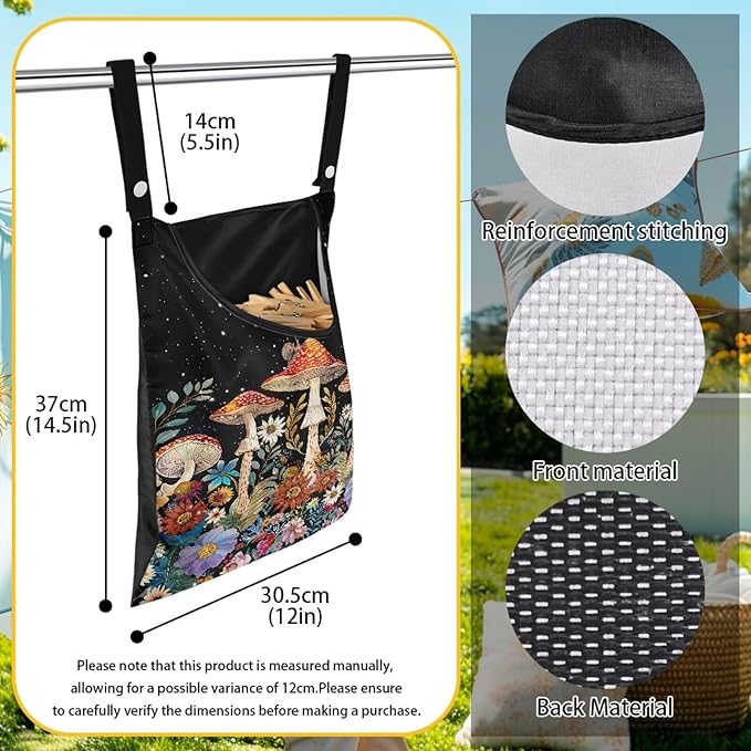 Mushroom Clothespin Storage Hanger Bags Laundry Clothespin Bag, Clothespin Bag with a Large Opening, Hanging Storage Organizer with Hanging Rope for Home Outdoor