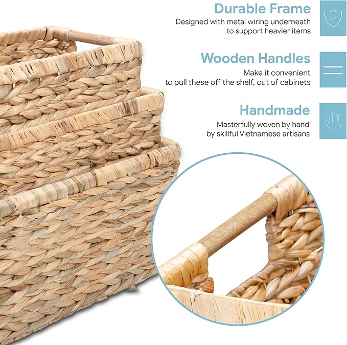 Water Hyacinth Storage Baskets with Wooden Handles, Rectangular Woven Organizer Bins for Closet, Pantry, Bathroom, or Shelves, Natural Decorative Storage Baskets for Home Organization – Set of 3