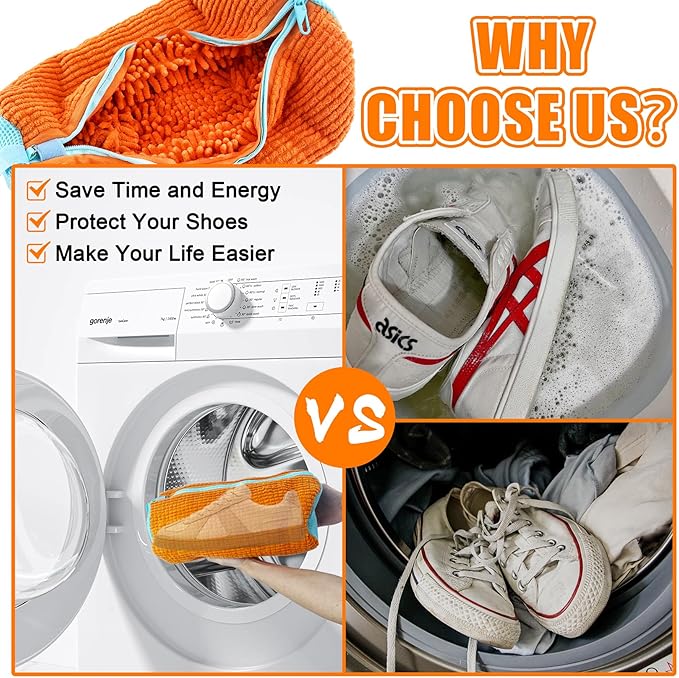 XXL Shoe Washing Machine Bag - 2-Pack Reusable Shoe Cleaning Bags, 360° Deep Clean for Sneakers, Tennis Shoes, and Slippers, Includes 2 Shoe Storage Dust Bags (Orange)