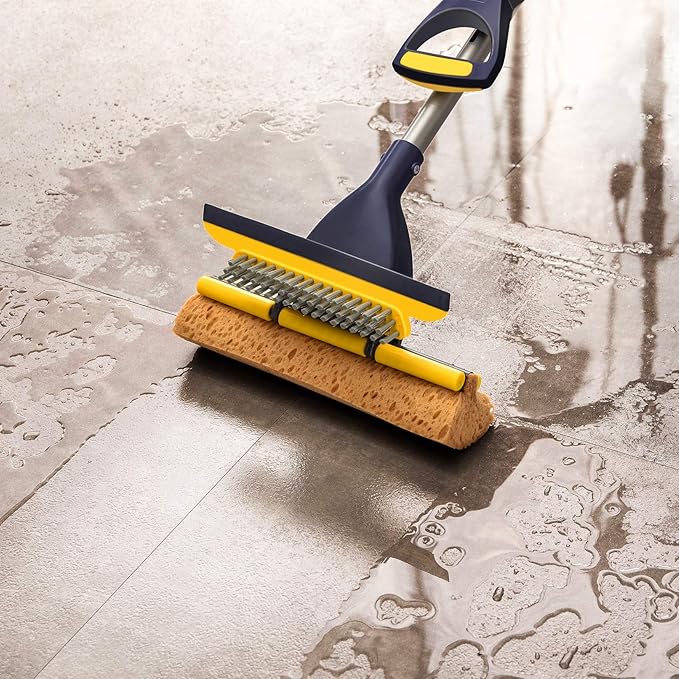 Yocada Sponge Mop Home Commercial Use Tile Floor Bathroom Garage Cleaning Total 3 Sponge Heads Squeegee and Extendable Telescopic Long Handle 42.5 to 52 Inches Easily Dry Wringing Only 3 Heads
