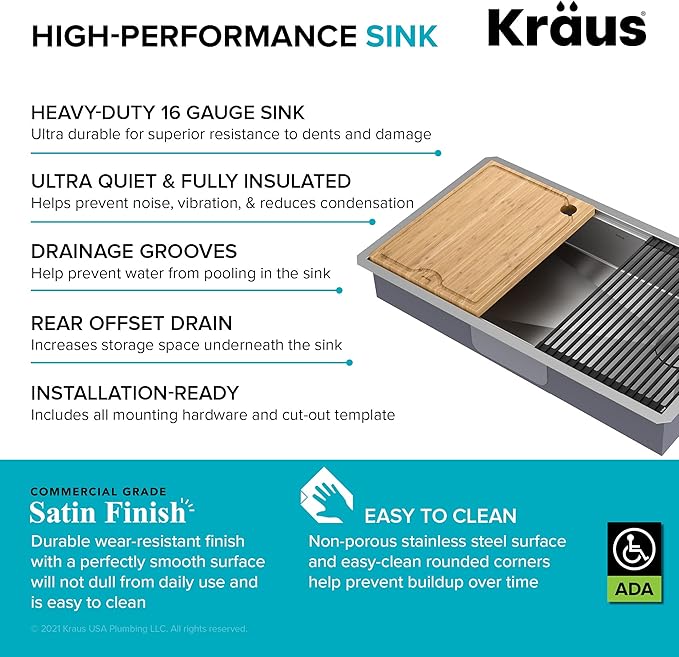 KRAUS Kore ADA Workstation 32-inch Undermount 16 Gauge Stainless Steel Kitchen Sink, Single Bowl Kitchen Sink with Accessories, KWU110-32/5.5