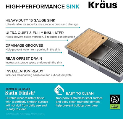 KRAUS Kore ADA Workstation 32-inch Undermount 16 Gauge Stainless Steel Kitchen Sink, Single Bowl Kitchen Sink with Accessories, KWU110-32/5.5