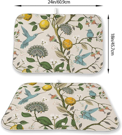 Boho Dish Drying Mat 18x24 Inch Vintage Lemon Floral Blue Bird Drying Mat - Image 2