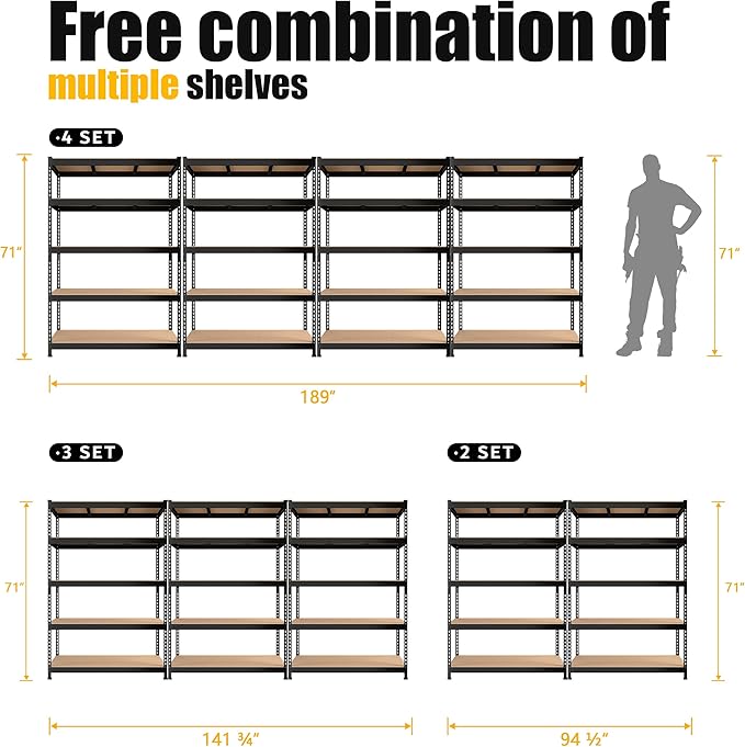 PrimeZone 48" x 24" x 72" Heavy Duty 5 Tier Adjustable Garage Storage Shelving, Metal Utility Rack Shelf Unit for Warehouse Pantry Closet Kitchen, Black, 5 Pack
