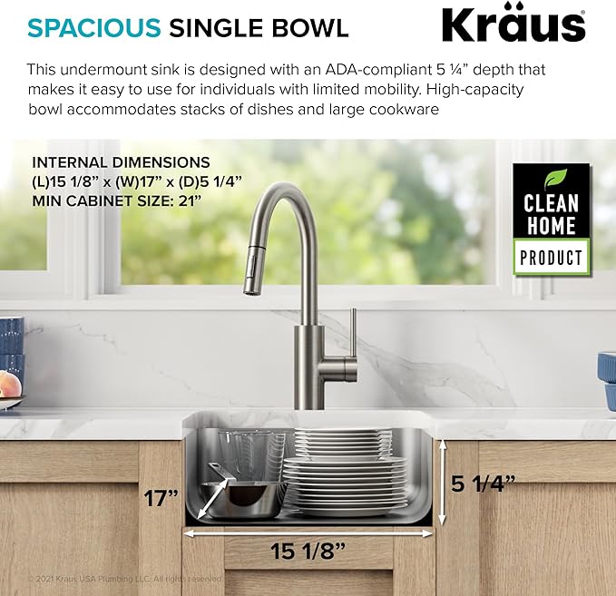 KRAUS Dex 17-inch Undermount 16 Gauge Stainless Steel Single Bowl ADA Kitchen Sink, KA1AS17B