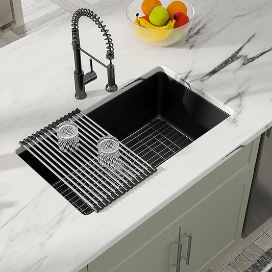 Dcolora 31 Inch Quartz Composite Black Kitchen Sink Undermount Sink Deep Single Bowl, 31"x18" Round Corner, DC-GU7748
