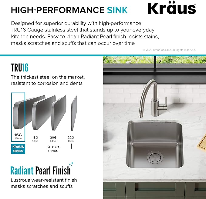 KRAUS Dex 17-inch Undermount 16 Gauge Stainless Steel Single Bowl Kitchen Sink, KA1US17B
