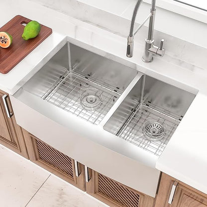 Lordear 36 Inch Double Bowl Farmhouse Kitchen Sink 36"x20-3/4"x10" Double Basin Undermount Farmhouse Kitchen Sinks 60/40 Apron Front 16 Gauge Farm Sinks