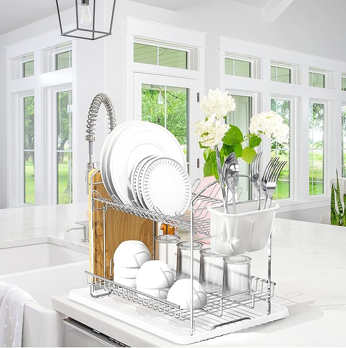 Simple Houseware 2-Tier Stainless Steel Dish Rack with Drainboard, Chrome for Kitchen