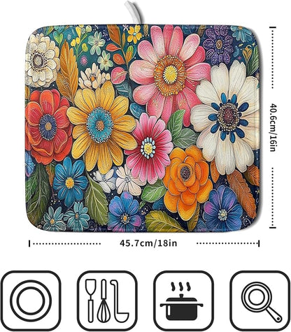Giwawa Boho Flower Dish Drying Mat, Colorful Floral Leaf Dish Drainer Mats - Image 2