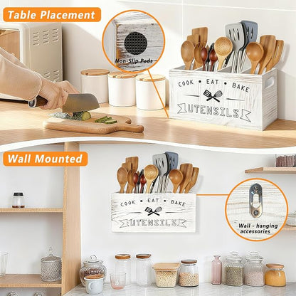 Large and Durable Retro White Wooden Kitchen Utensil Holder - Image 3