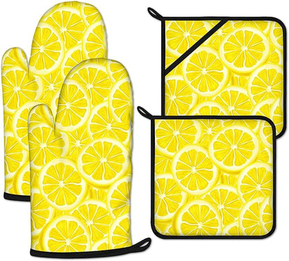 Watercolor Lemon Oven Mitts and Pot Holders Sets Heat Resistant 4Pcs Potholders by ANTJOO