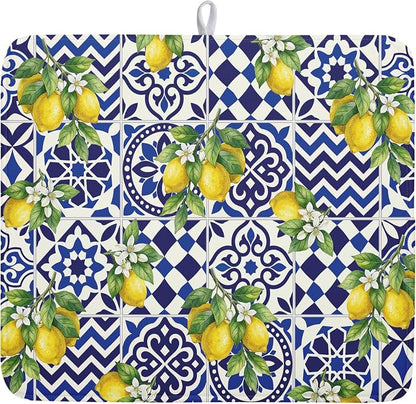 Lemon and Blue Tile Dish Drying Mat 16x18 Inch Absorbent Reversible Mexican by Kawani