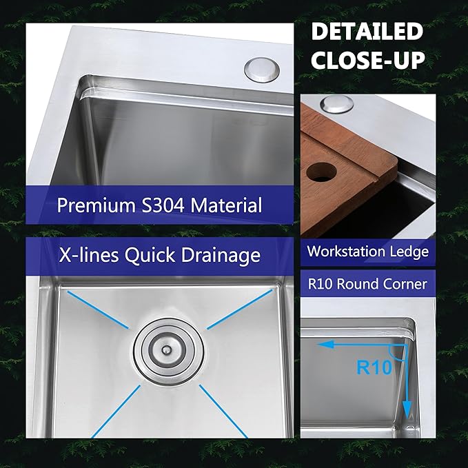 COMLLEN 17x19 Inch Drop in Bar Sink, Outdoor Sink 304 Stainless Steel Kitchen Workstation, 16 Gauge 9 Inch Deep Brushed Nickel, RV Laundry Utility Kitchen Sinks with Cutting Board Grid Drain