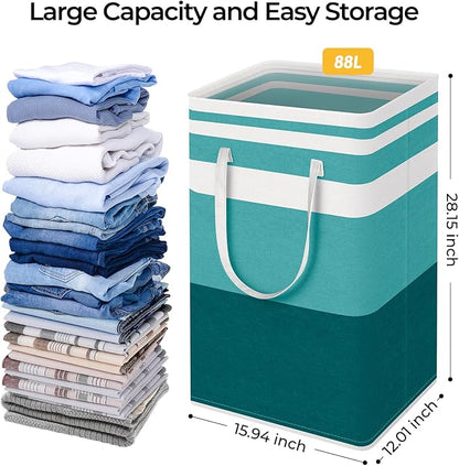 HomeHacks 2-Pack Large Laundry Basket, Waterproof, Freestanding Laundry Hamper, Collapsible Tall Clothes Hamper with Extended Handles for Clothes Toys in the Dorm and Family (Green, 88L)