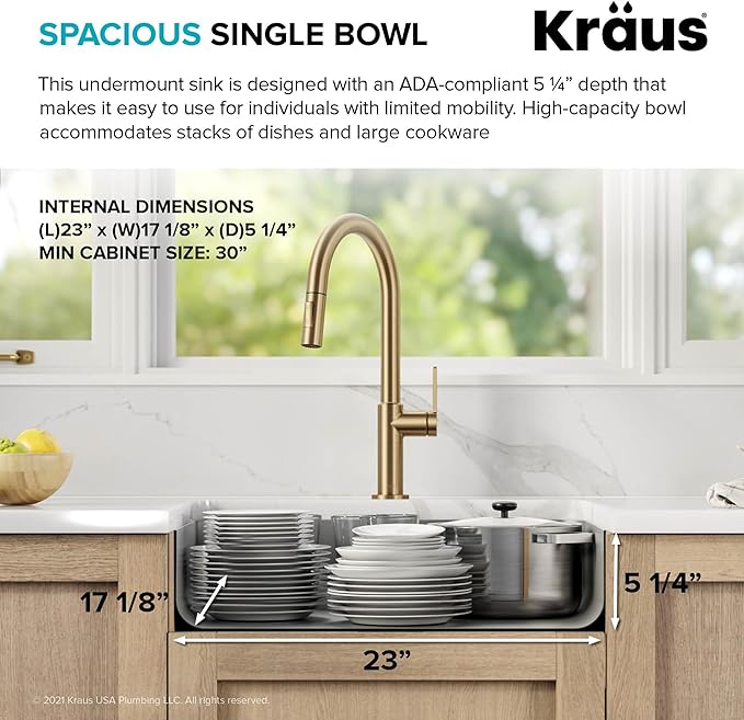 KRAUS Dex 25-inch Undermount 16 Gauge Stainless Steel Single Bowl ADA Kitchen Sink, KA1AS25B