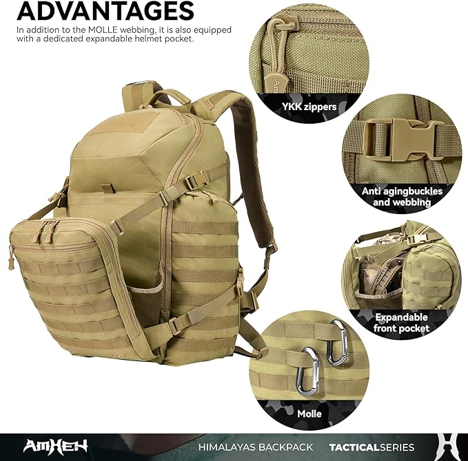 52L Tactical Backpack Military Molle Assault Pack - 3 Day Bugout Survival Rucksack, Hydration Compatible,Tan