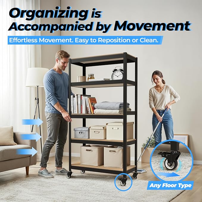 HOMEDANT House 5-Tier Metal Rolling Cart Shelf Rack Casters Heavy Duty - Image 6