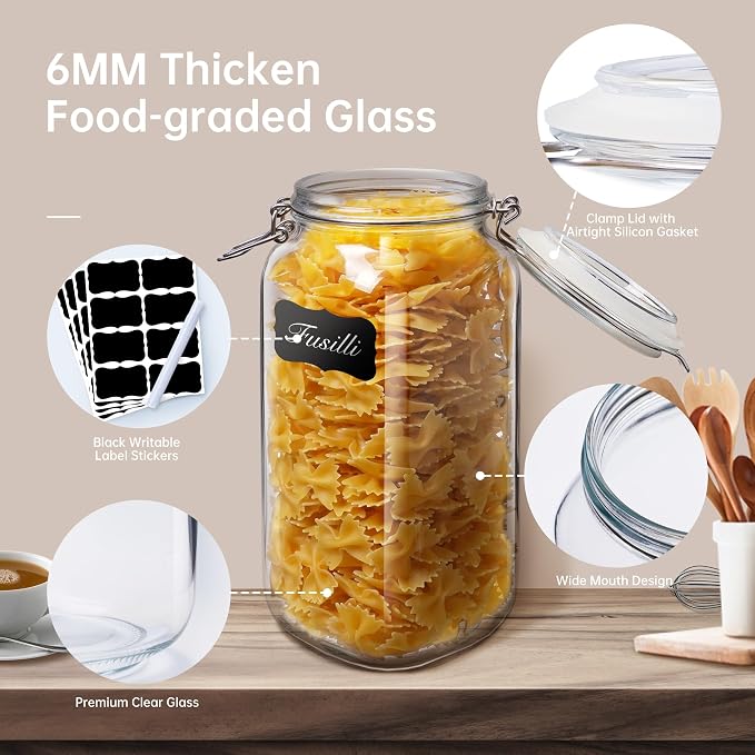 Square Glass Jars with Airtight Lid Set of 3, 50 floz Wide Mouth Mason Jars - Image 4