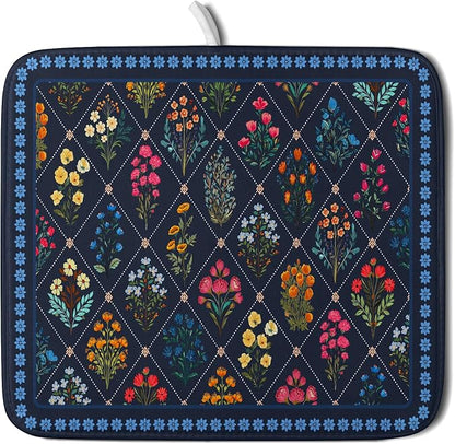 Lapis Blue Dish Drying Mat for Kitchen Counter Flowers Microfiber Absorbent by Giwawa