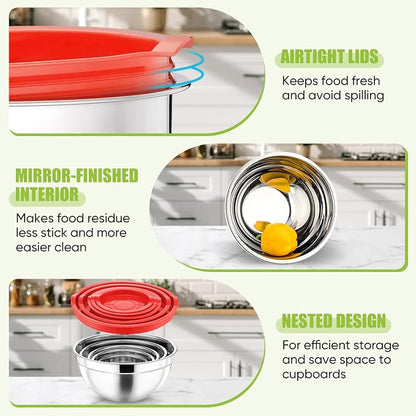 P&P CHEF Mixing Bowls with Airtight Lids Set of 5, 10-Piece Stainless Steel - Image 3