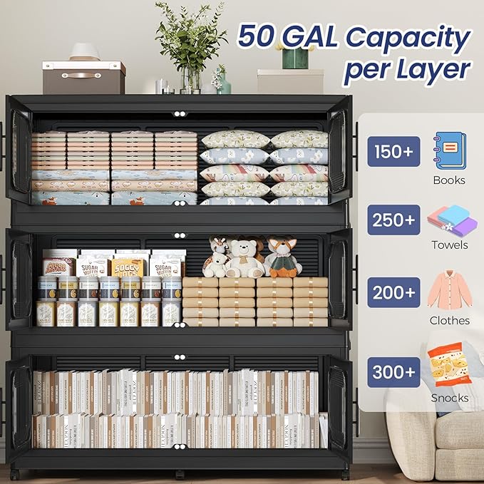 250GAL Extra Large Storage Bins with Lid, 1000QT Storage Bins with Wheels, Folding Closet Organizer, Stackable Collapsible Plastic Storage Containers for Home, Office, Dorm, 5Pack Black