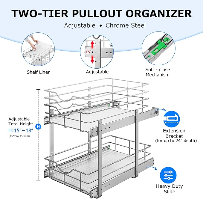 WelFurGeer 2-Tier Stainless Steel Pull Out Cabinet Organizer, Soft Close - Image 5
