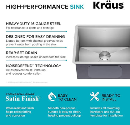 KRAUS Kore 23-Inch Undermount Workstation Single Bowl 16 Gauge Deep Laundry Utility Stainless Steel Kitchen Sink with Accessories, KWU100-23L