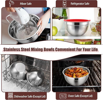 P&P CHEF Red Mixing Bowls with Lids, Stainless Steel Salad Nesting Bowl - Image 6