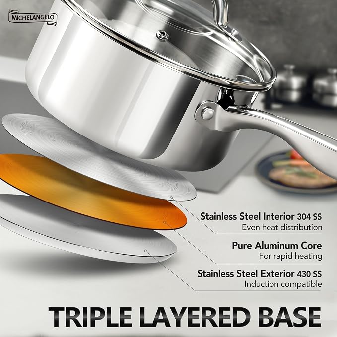 MICHELANGELO Saucepan Set 4pc, 18/10 Stainless Steel Sauce Pan - Image 3
