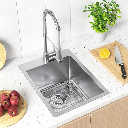 15x20 inch Drop in Bar Sink, 15 inch Small Kitchen Sink 18 Gauge Single Bowl Stainless Steel Topmount Bar Sink with Basket Strainer Drain & Bottom Grid