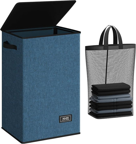 SOLEDI Laundry Hamper with Lid 90L Large & Tall Collapsible Laundry Basket, Clothes Hamper with Bag Removable Easy to Carry, Dirty Hampers for Bedroom, Bathroom, Dorm, College, Blue