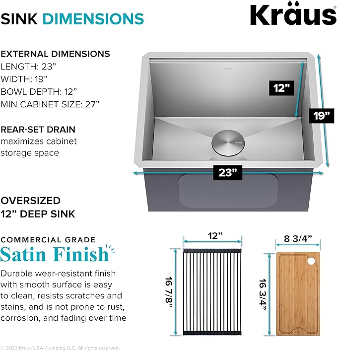KRAUS Kore 23-Inch Undermount Workstation Single Bowl 16 Gauge Deep Laundry Utility Stainless Steel Kitchen Sink with Accessories, KWU100-23L