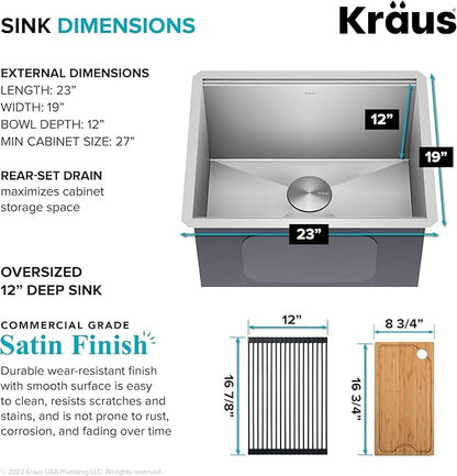 KRAUS Kore 23-Inch Undermount Workstation Single Bowl 16 Gauge Deep Laundry Utility Stainless Steel Kitchen Sink with Accessories, KWU100-23L