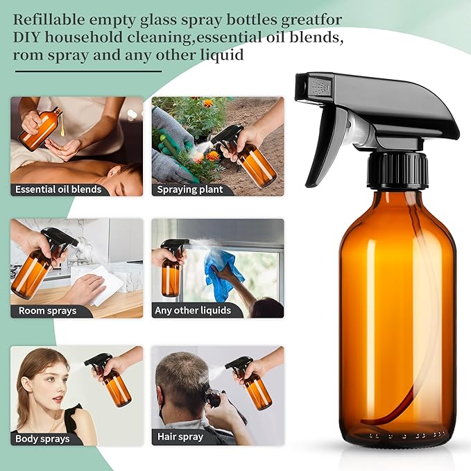 8oz Amber Glass Spray Bottles, 3 Pack Glass Spray Bottles Refillable Empty - Image 4